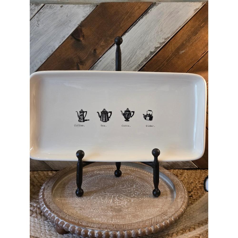 Rae Dunn Coffee Tea Cocoa Cider Serving Platter White Ceramic Tray Magenta